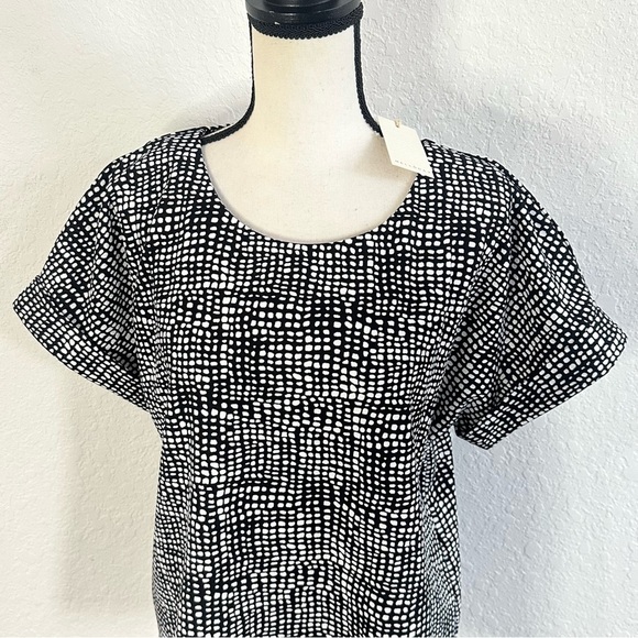 MELLODAY Black White Printed Boxy Blouse Cuff Sleeve Medium NWT Business Office - Picture 3 of 10